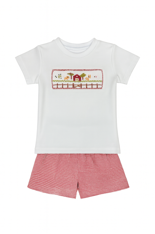 Tom Smocked Short Set, Red Barn