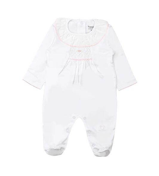 Nanzu Smocked Ruffle Neck Footie with Pink