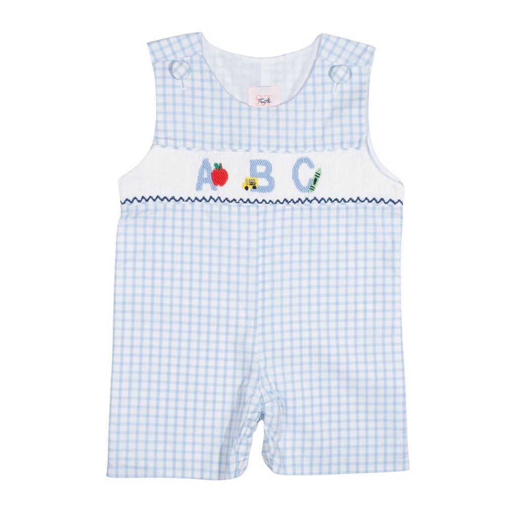 Blue checkered romper with alphabet and character embroidery on a white background