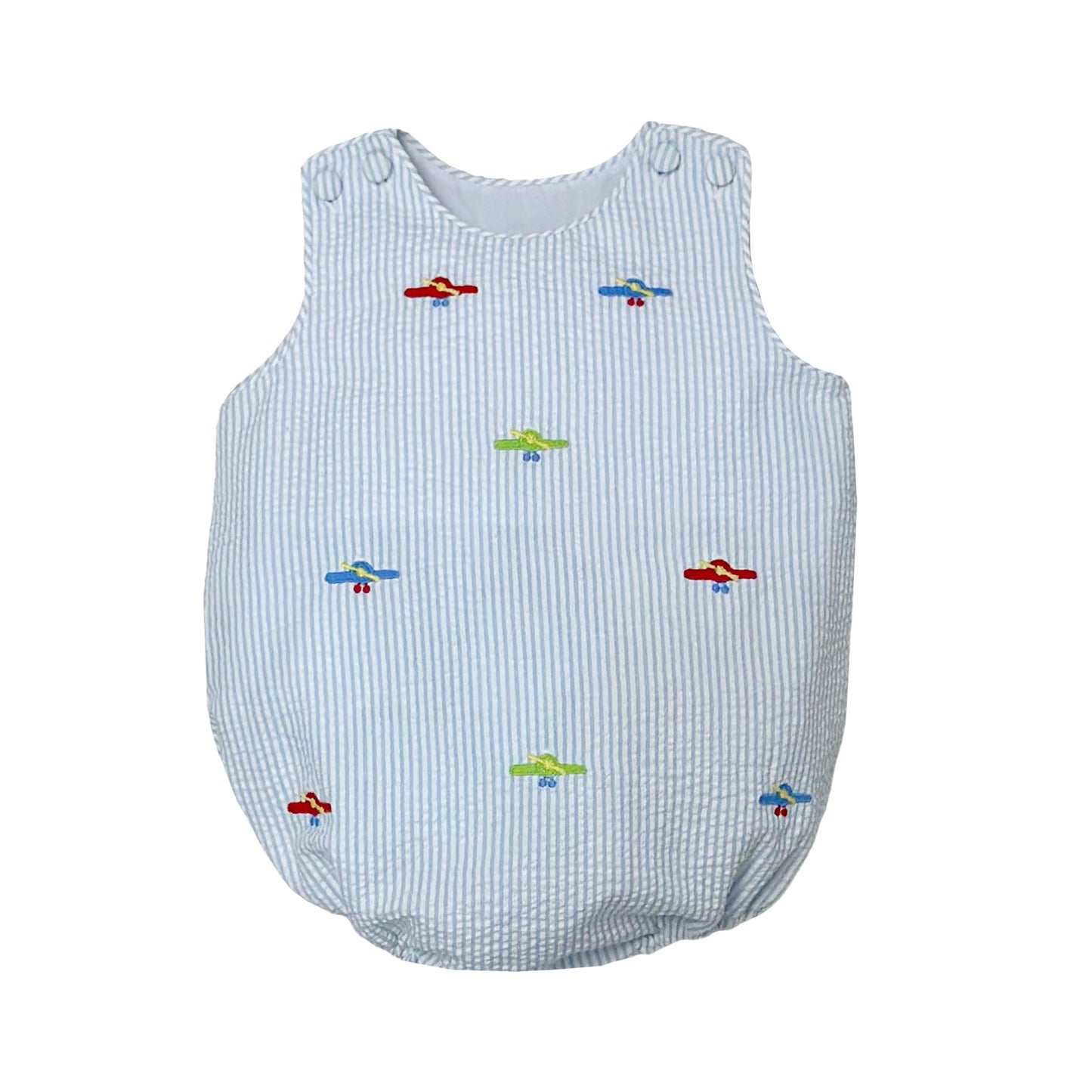 Airplane Embroidered Christopher Sunsuit, Lt. Blue Stripe Seersucker