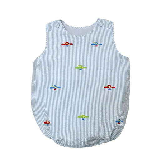 Airplane Embroidered Christopher Sunsuit, Lt. Blue Stripe Seersucker