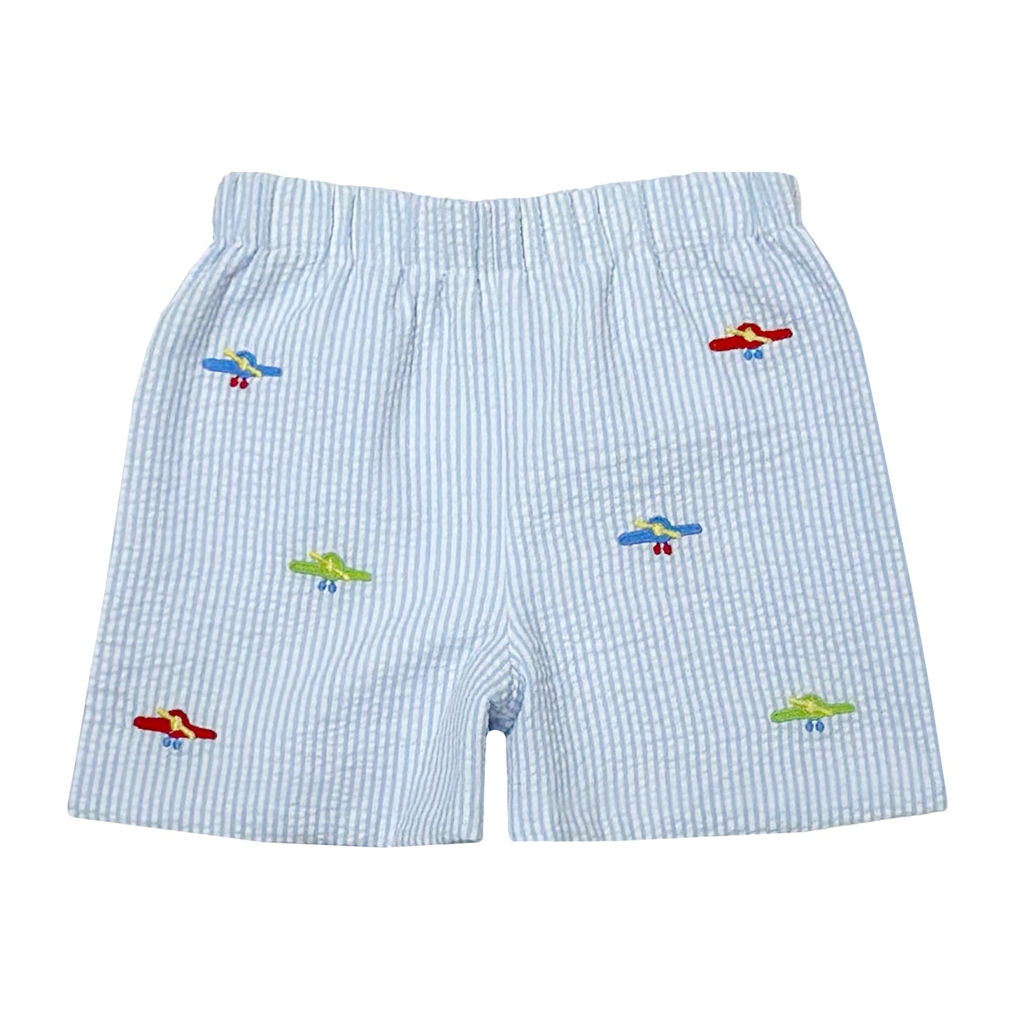 Airplane Embroidered Lt. Blue Stripe Seersucker Leo Shorts