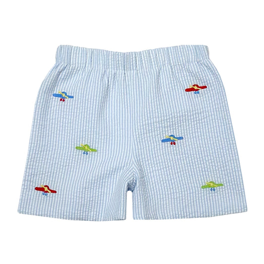 Airplane Embroidered Lt. Blue Stripe Seersucker Leo Shorts