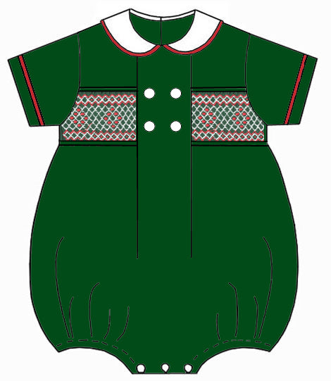 Green baby romper with patterned accents and white buttons on a white background