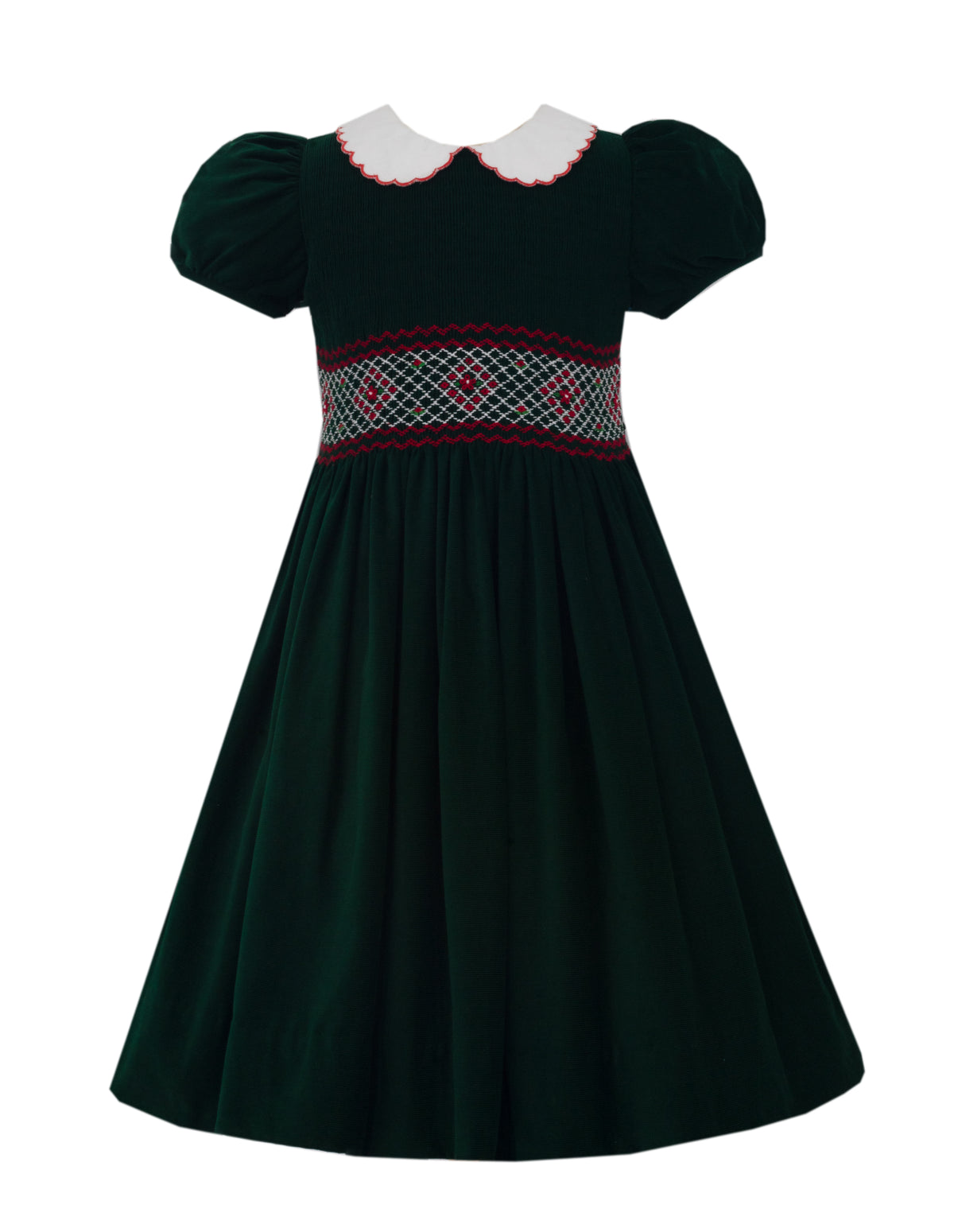 Dark green dress with white collar and red embroidery on a white background