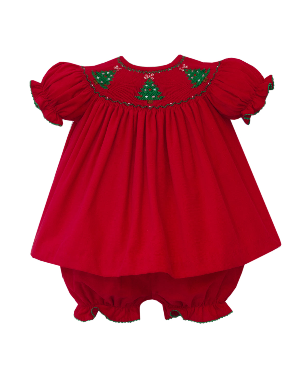 Red baby romper with green tree embroidery on a white background