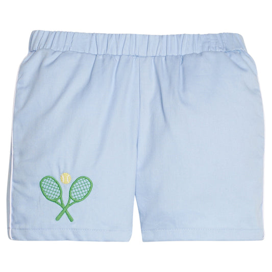 Little English traditional children's clothing. Light blue shorts with tennis applique for boy's for Spring.  Boy's tennis shorts.