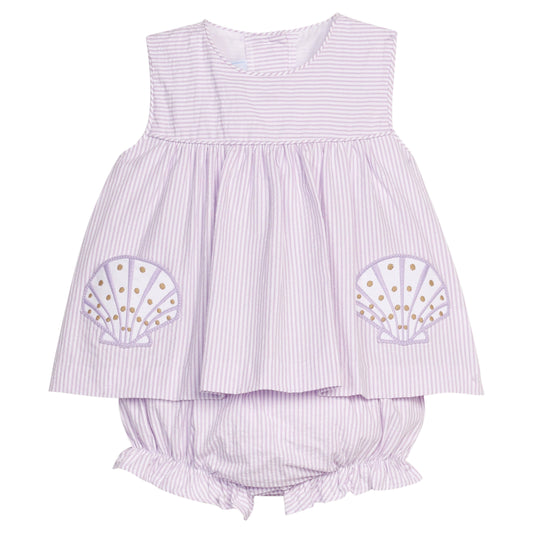 Little English traditional children's clothing. Lavender stripe seersucker diaper set with sea shell applique for baby girls for spring