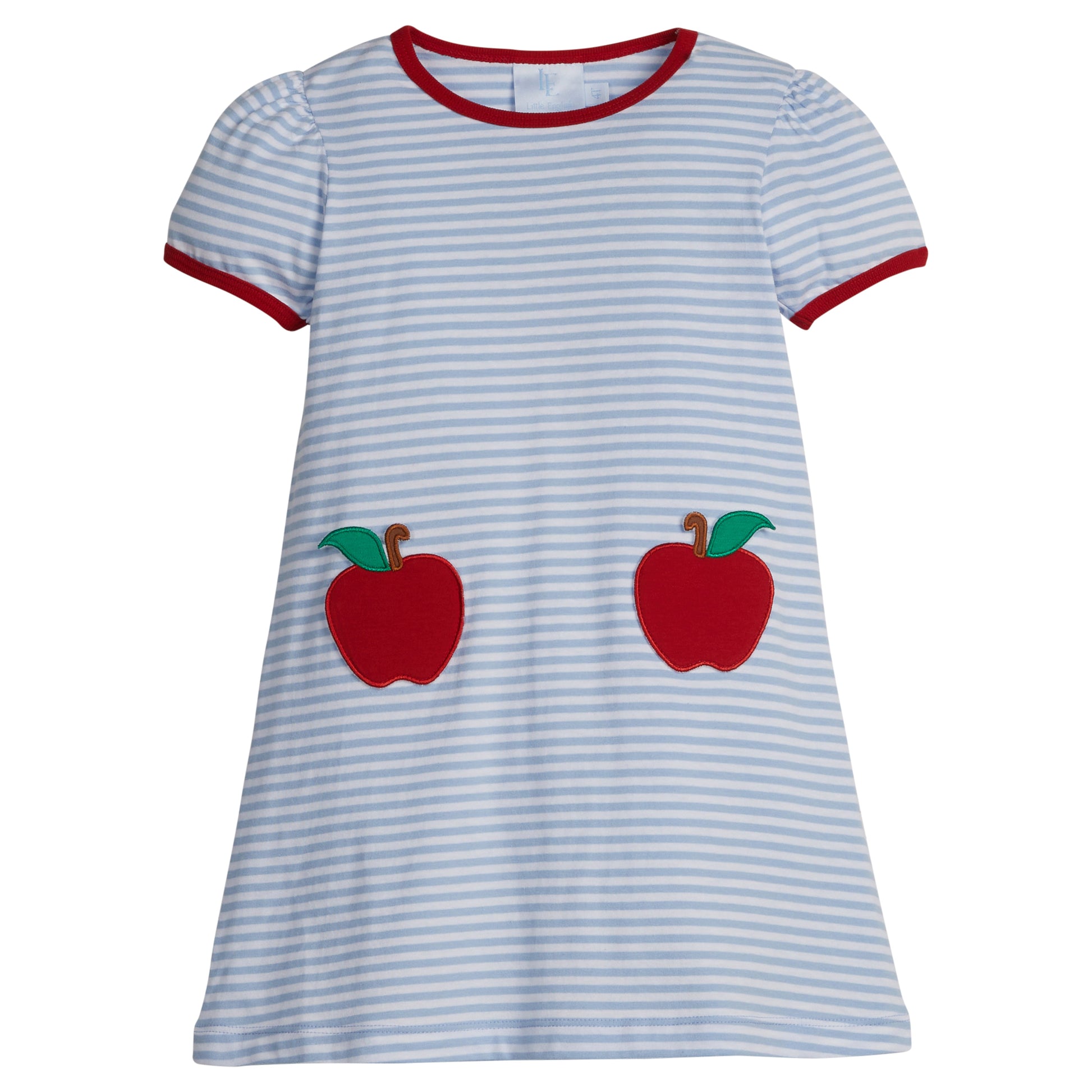 Little English classic knit dress for little girls. Light blue striped t-shirt dress with applique apple pockets for back to school.