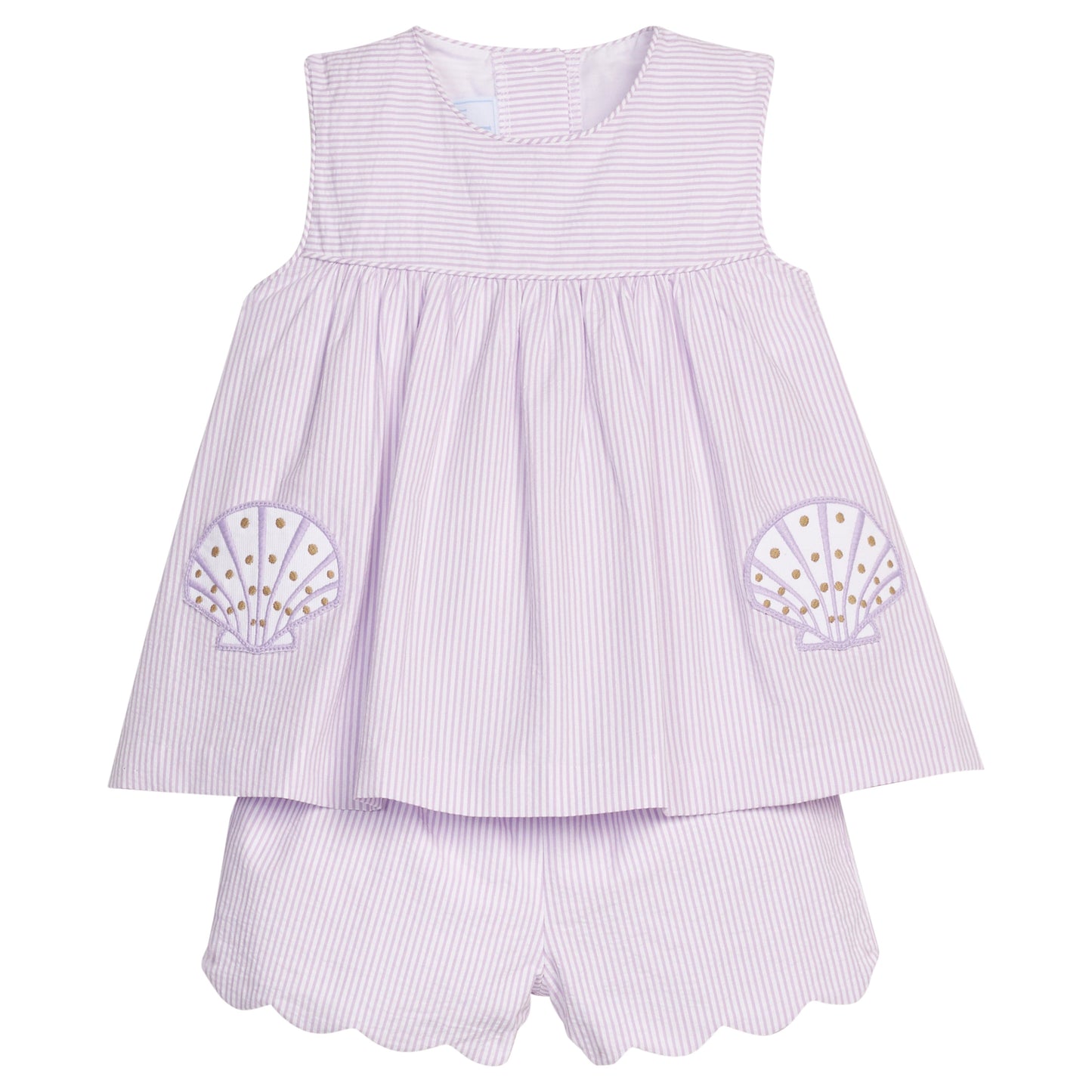 Little English traditional children's clothing. Lavender stripe seersucker short set with sea shell applique for toddler girls for Spring