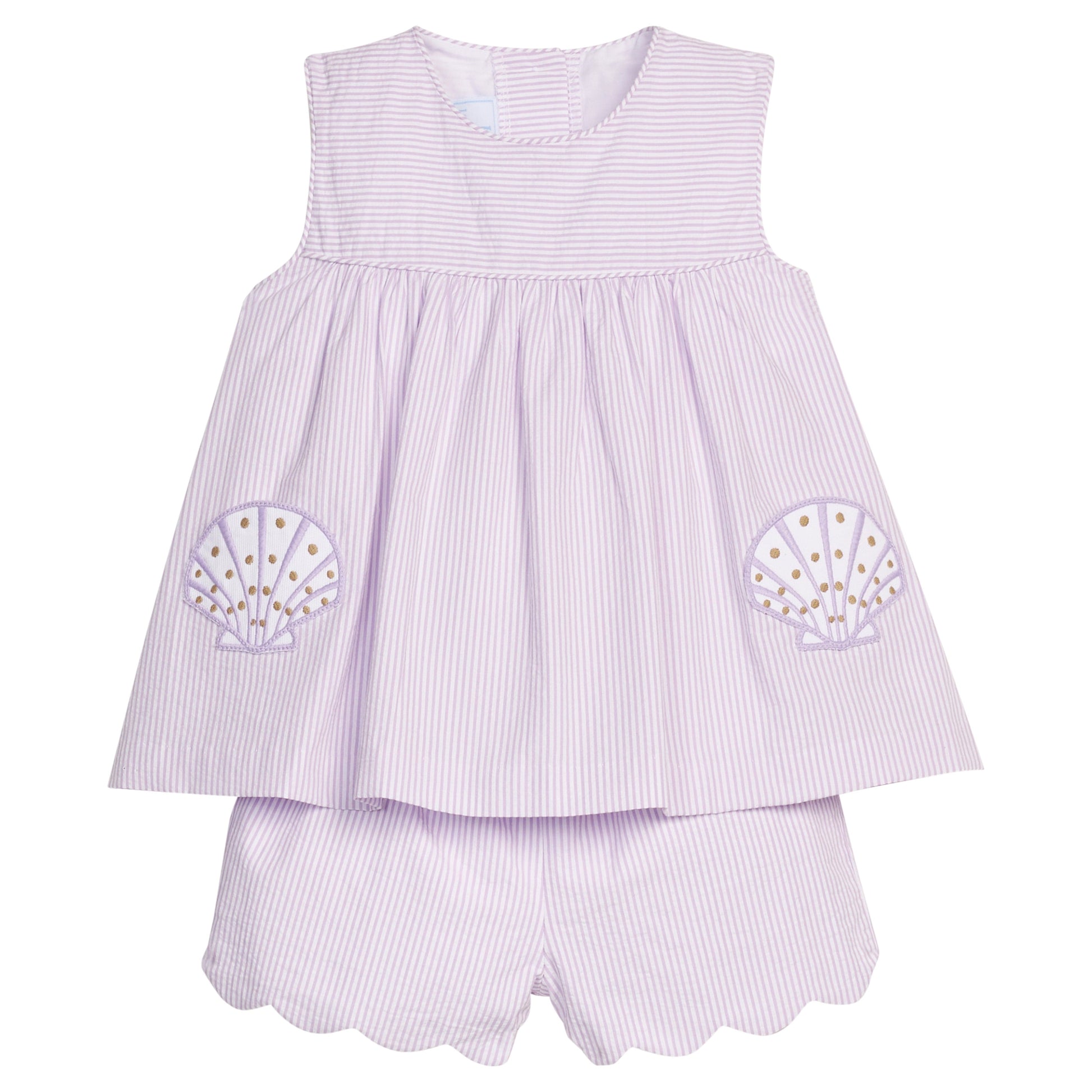 Little English traditional children's clothing. Lavender stripe seersucker short set with sea shell applique for toddler girls for Spring