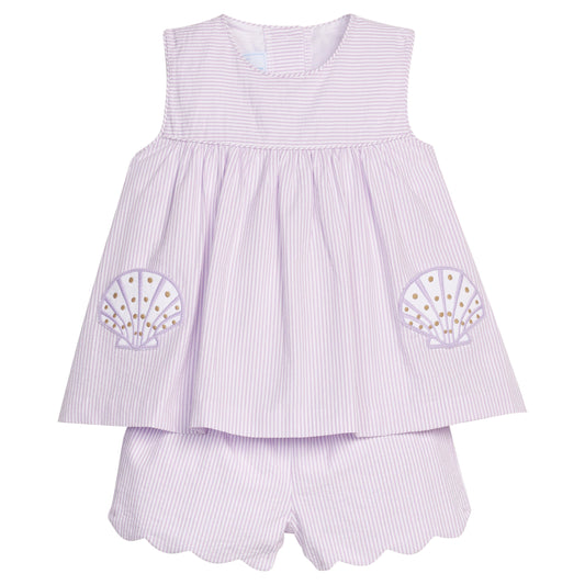 Little English traditional children's clothing. Lavender stripe seersucker short set with sea shell applique for toddler girls for Spring
