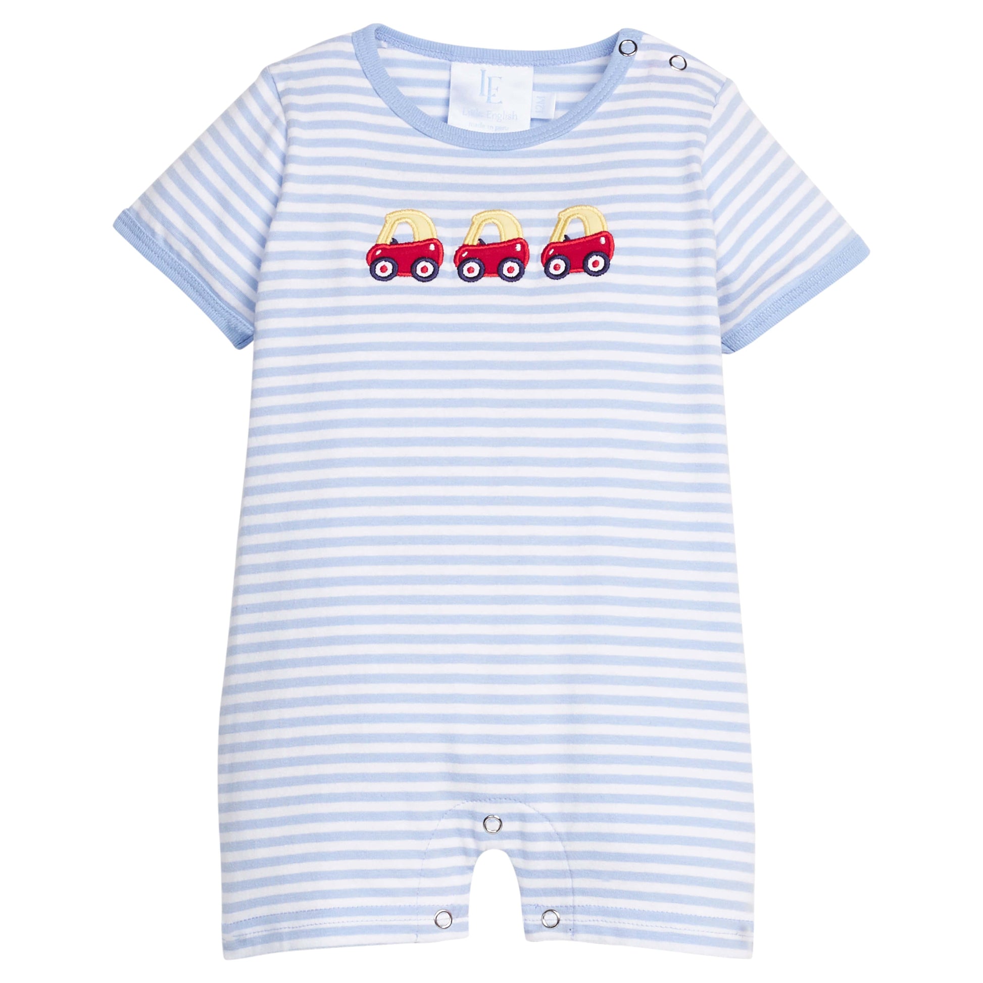 Little English classic cotton romper in light blue stripe with toy car applique on chest, for little boy 