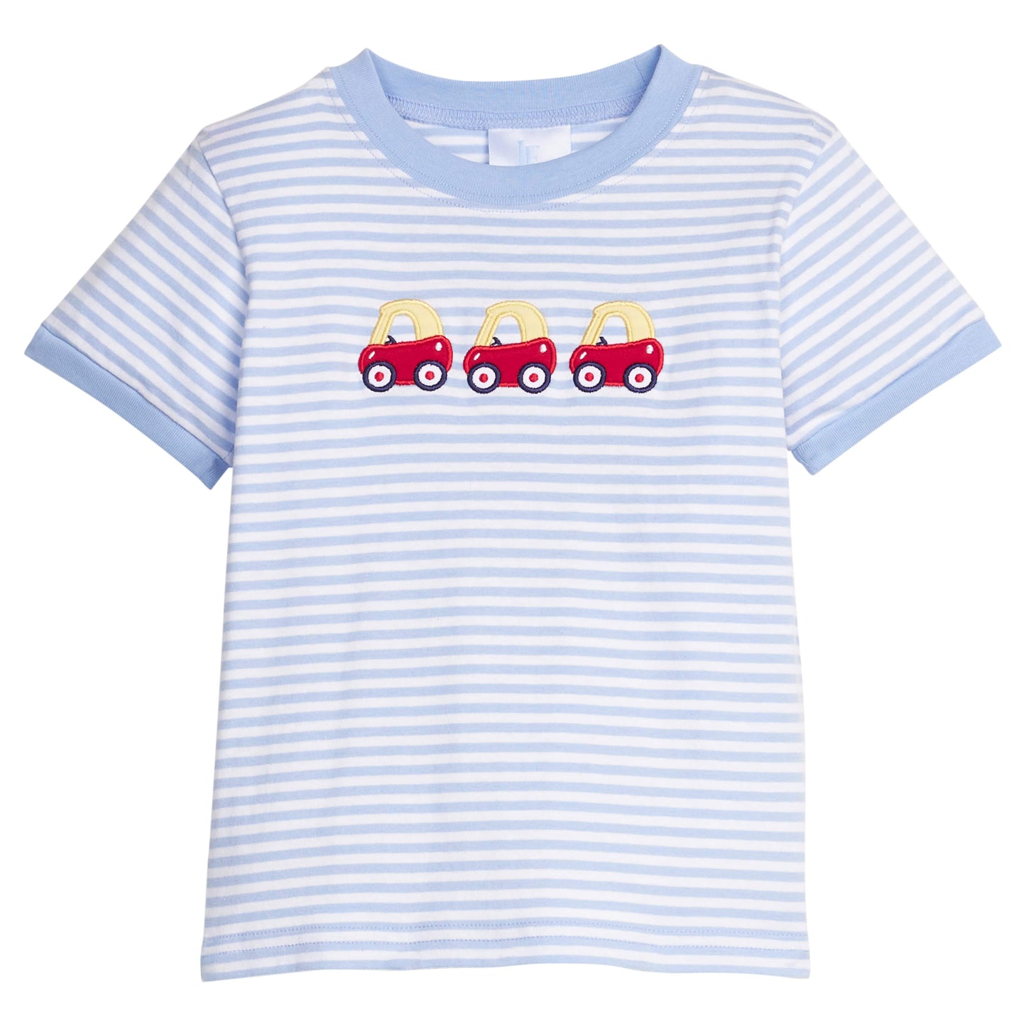 Little english classic t-shirt in light blue and white stripe with toy car applique on chest, for little boy 