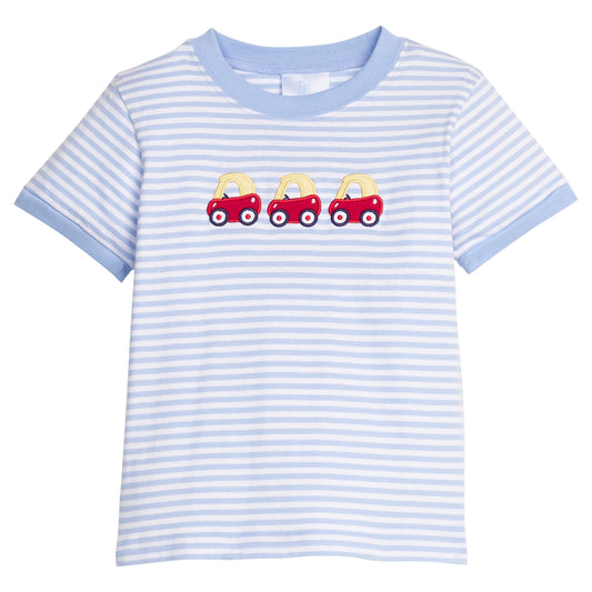 Little english classic t-shirt in light blue and white stripe with toy car applique on chest, for little boy 