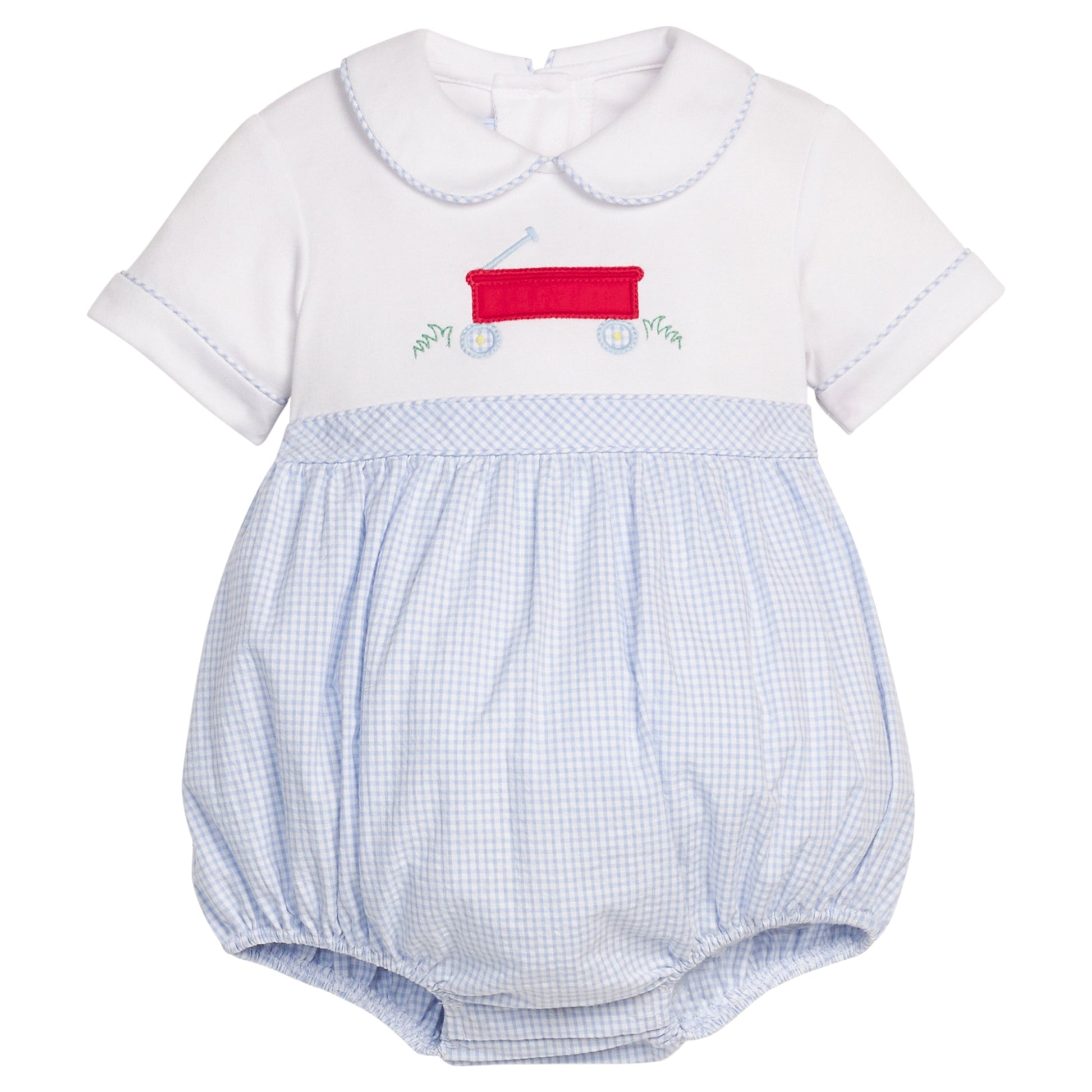 Little English traditional children's clothing. Baby boy bubble with white peter pan top with red wagon applique and light blue gingham bottom.  Baby boy outfit for summer