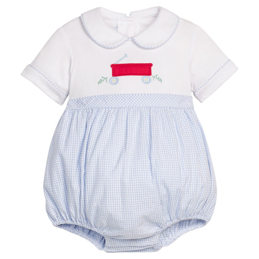 Little English traditional children's clothing. Baby boy bubble with white peter pan top with red wagon applique and light blue gingham bottom.  Baby boy outfit for summer