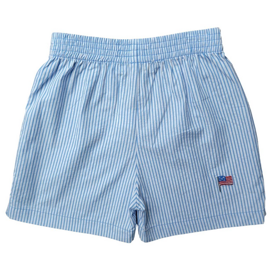Boy's Seersucker Stripe Shorts, Chambray with Embroidered Flags (Shorter Version)