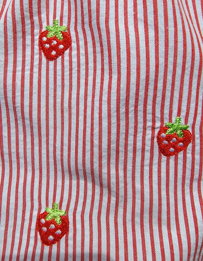 Girl's Embroidered Strawberries Seersucker Red Stripe Shorts