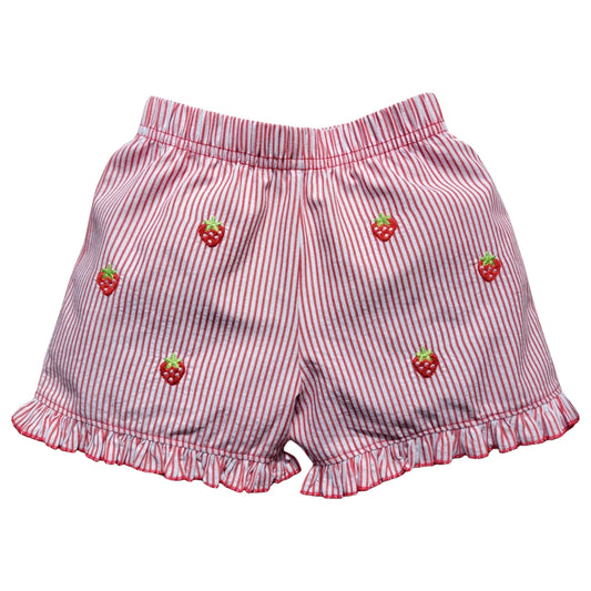 Girl's Embroidered Strawberries Seersucker Red Stripe Shorts
