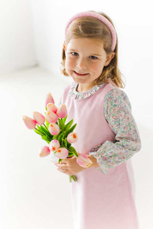 Pink Corduroy Jumper with Floral Blouse