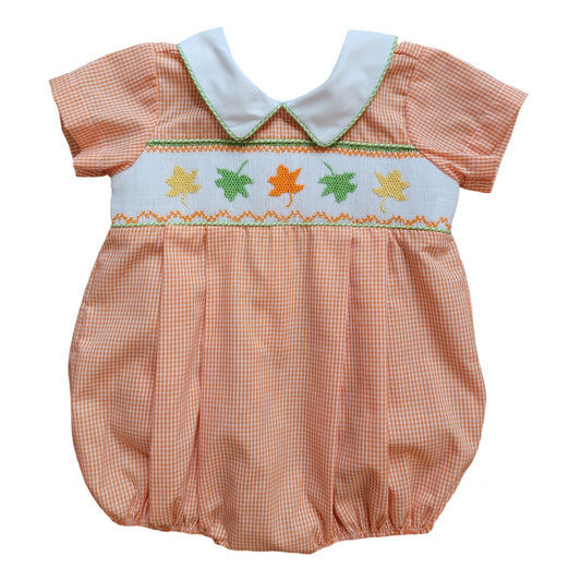 Fall Leaves Smocked Orange Gingham Boy Bubble