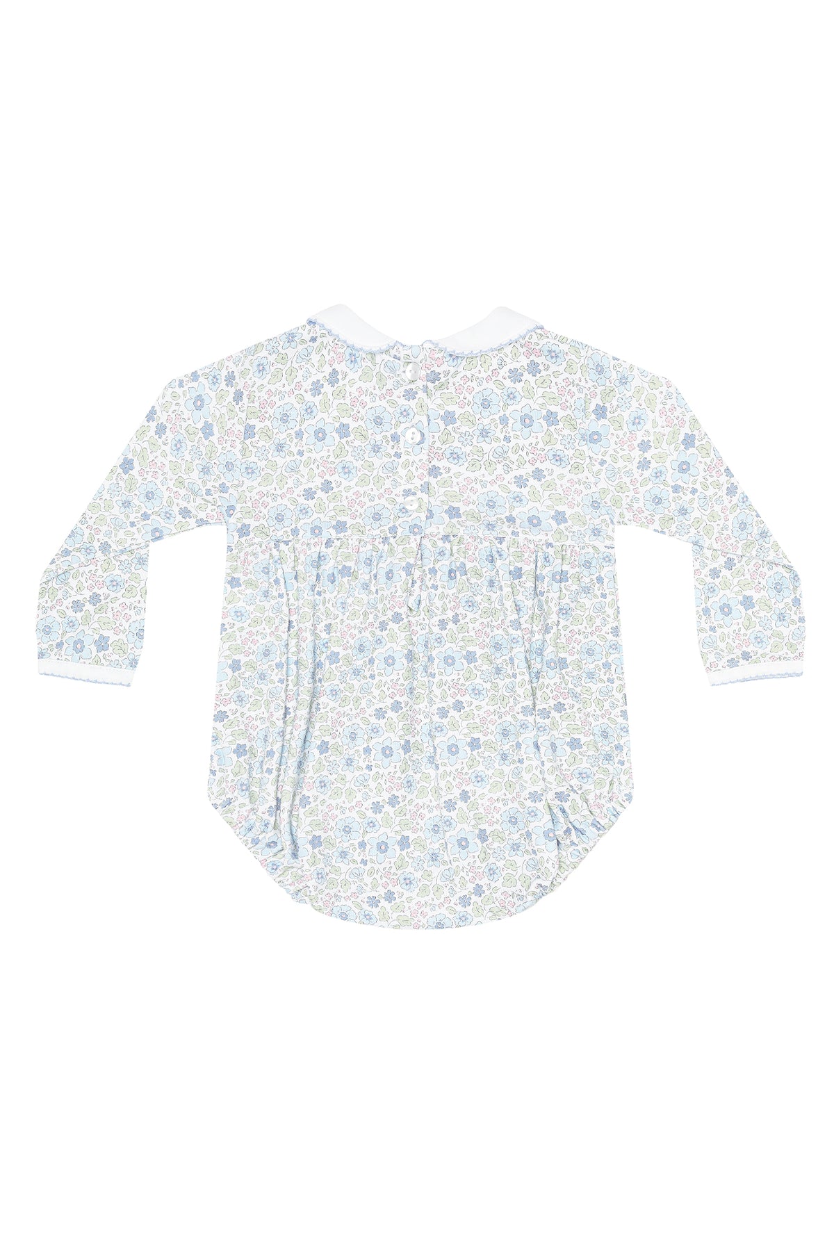 White baby onesie with blue floral pattern on a white background