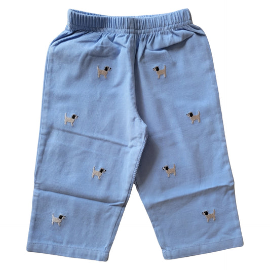 Boy's Puppy Embroidered Sky Blue Corduroy Pants
