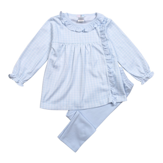 Girl's Blue Plaid Pima Pants Set