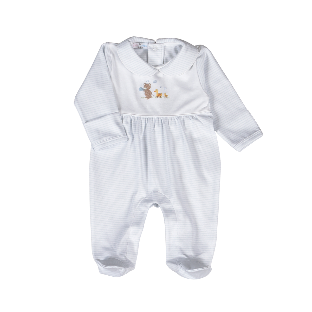 White baby romper with embroidered design on a white background