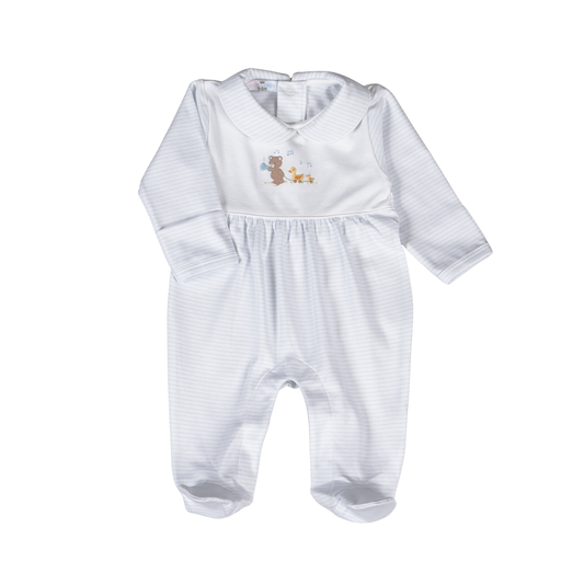 White baby romper with embroidered design on a white background