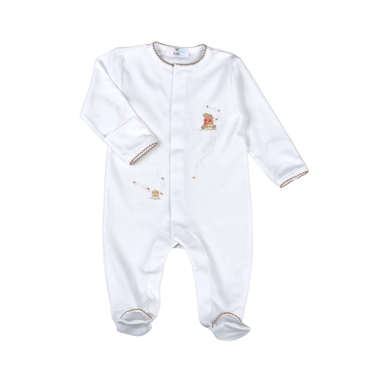 White baby onesie with embroidered details on a white background