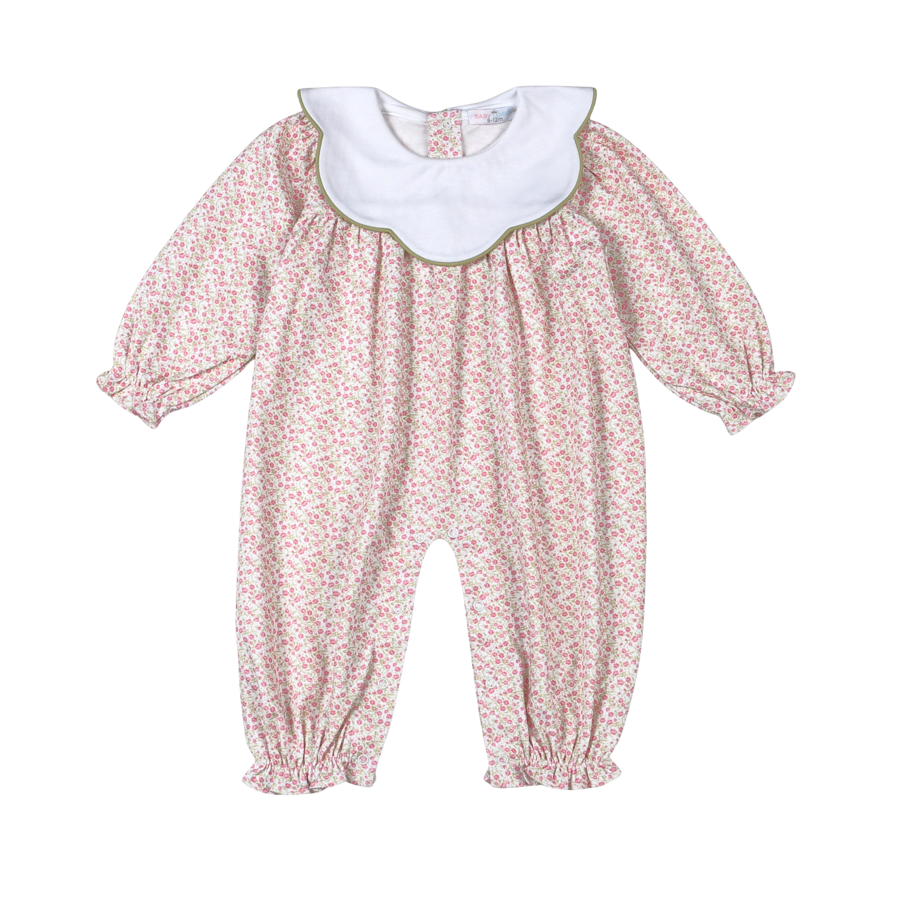 Baby romper with floral pattern and white collar on a white background