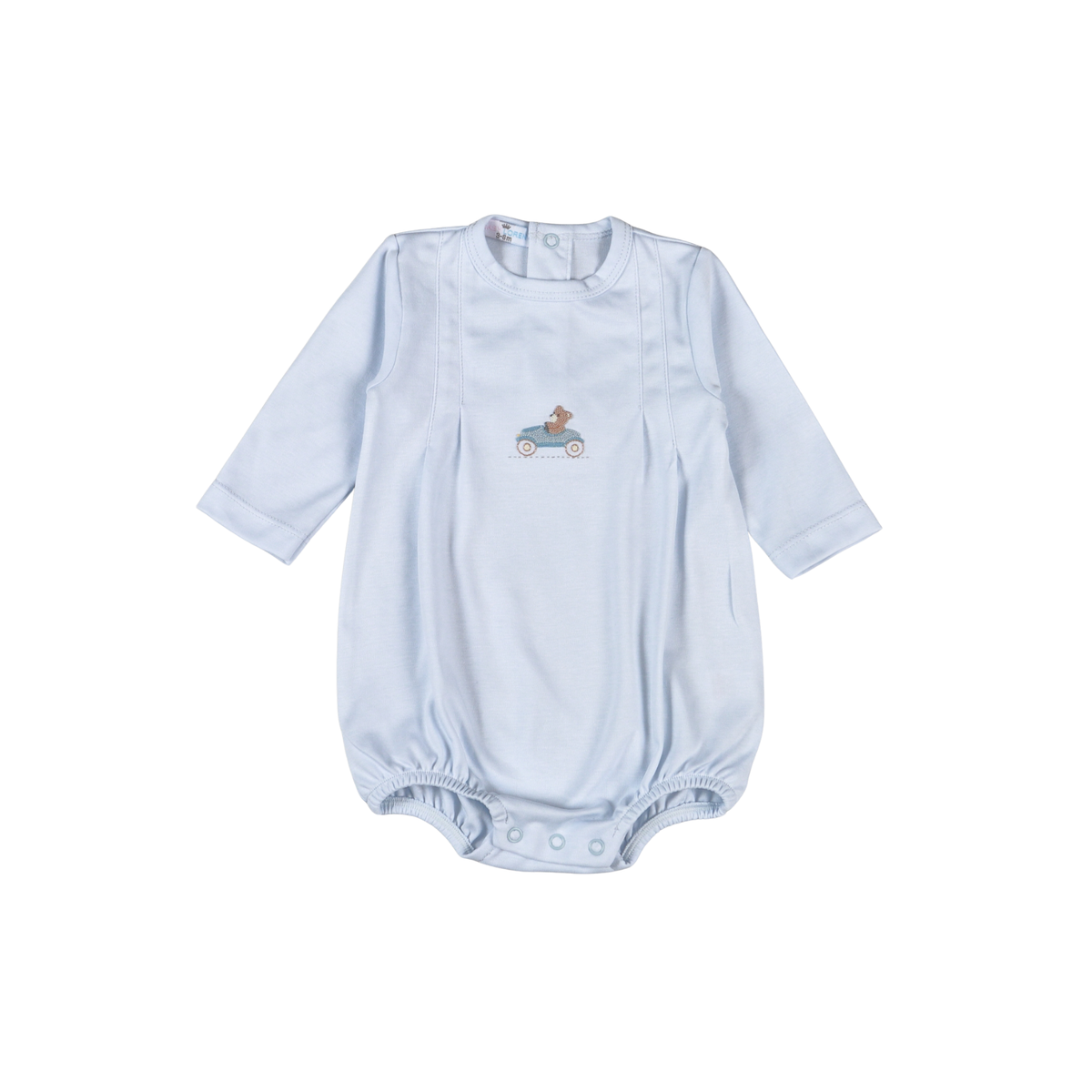 Light blue baby romper with a small design on a white background