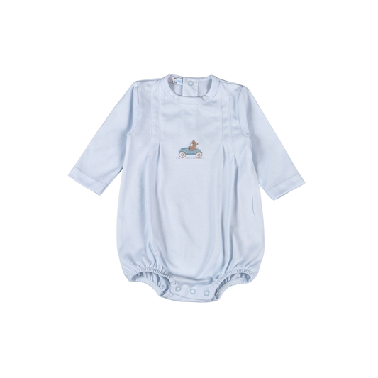 Light blue baby romper with a small design on a white background