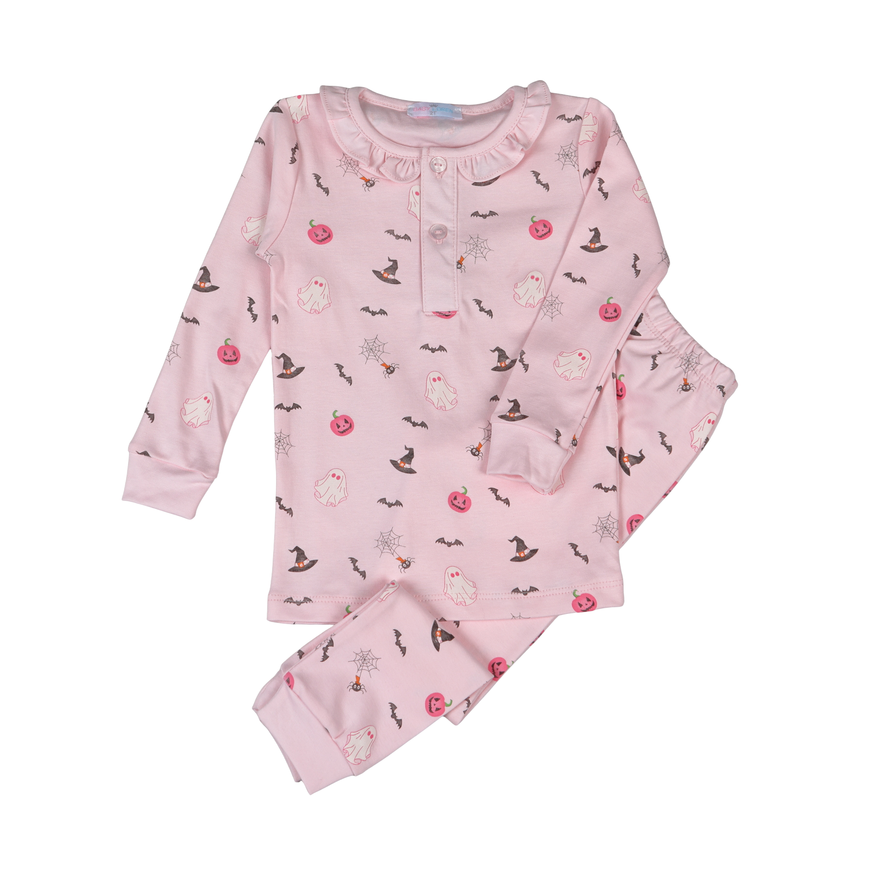 Pink children's pajama set with floral pattern on a white background