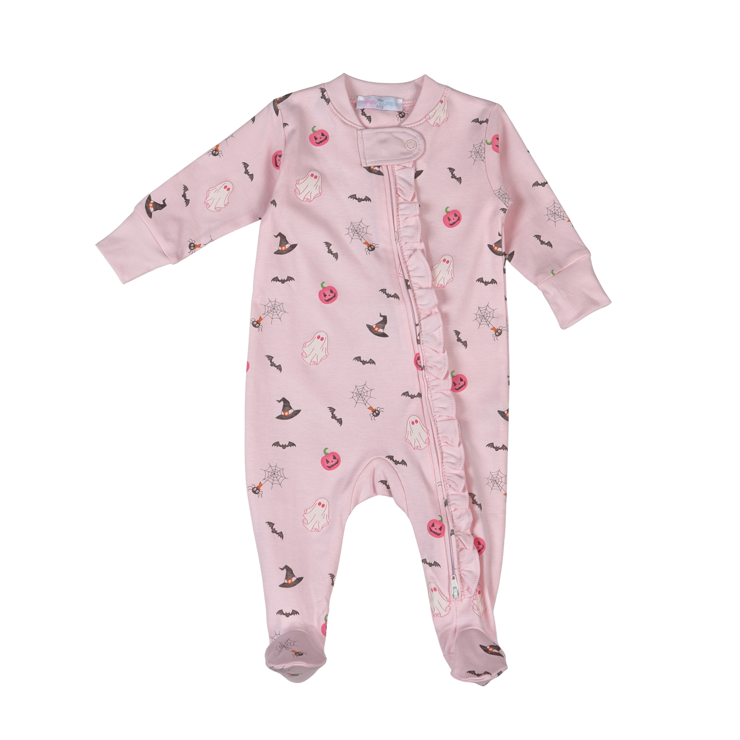 Pink baby onesie with pattern on a white background