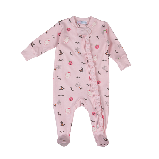 Pink baby onesie with pattern on a white background