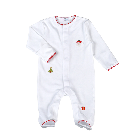 White baby onesie with red trim and embroidered designs on a white background