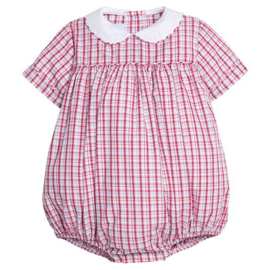 Little English classic bubble for baby boys. Red, white, & light blue plaid bubble with white Eaton collar and tonal piping. Back to school outfit.