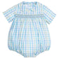 Little English traditional children's clothing.  Baby boy's aqua and green plaid bubble with peter pan collar and smocking across the chest.