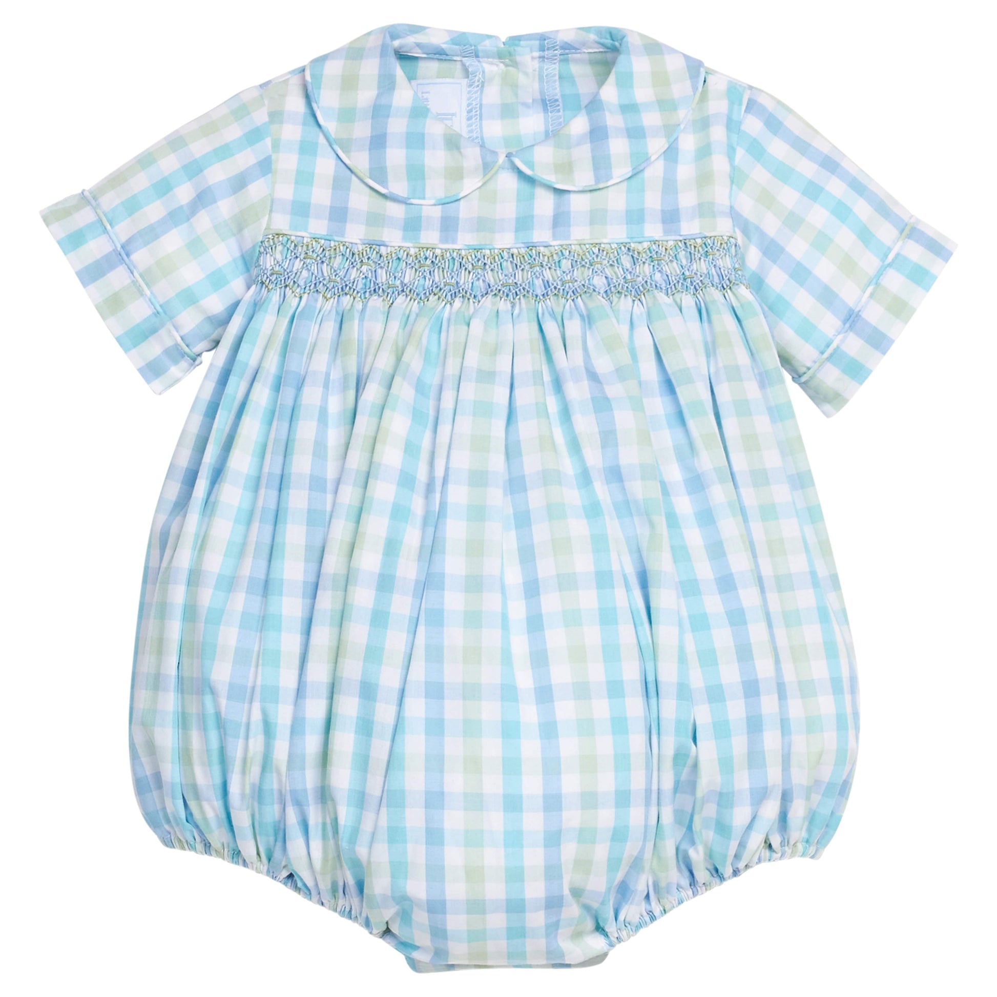 Little English traditional children's clothing.  Baby boy's aqua and green plaid bubble with peter pan collar and smocking across the chest.
