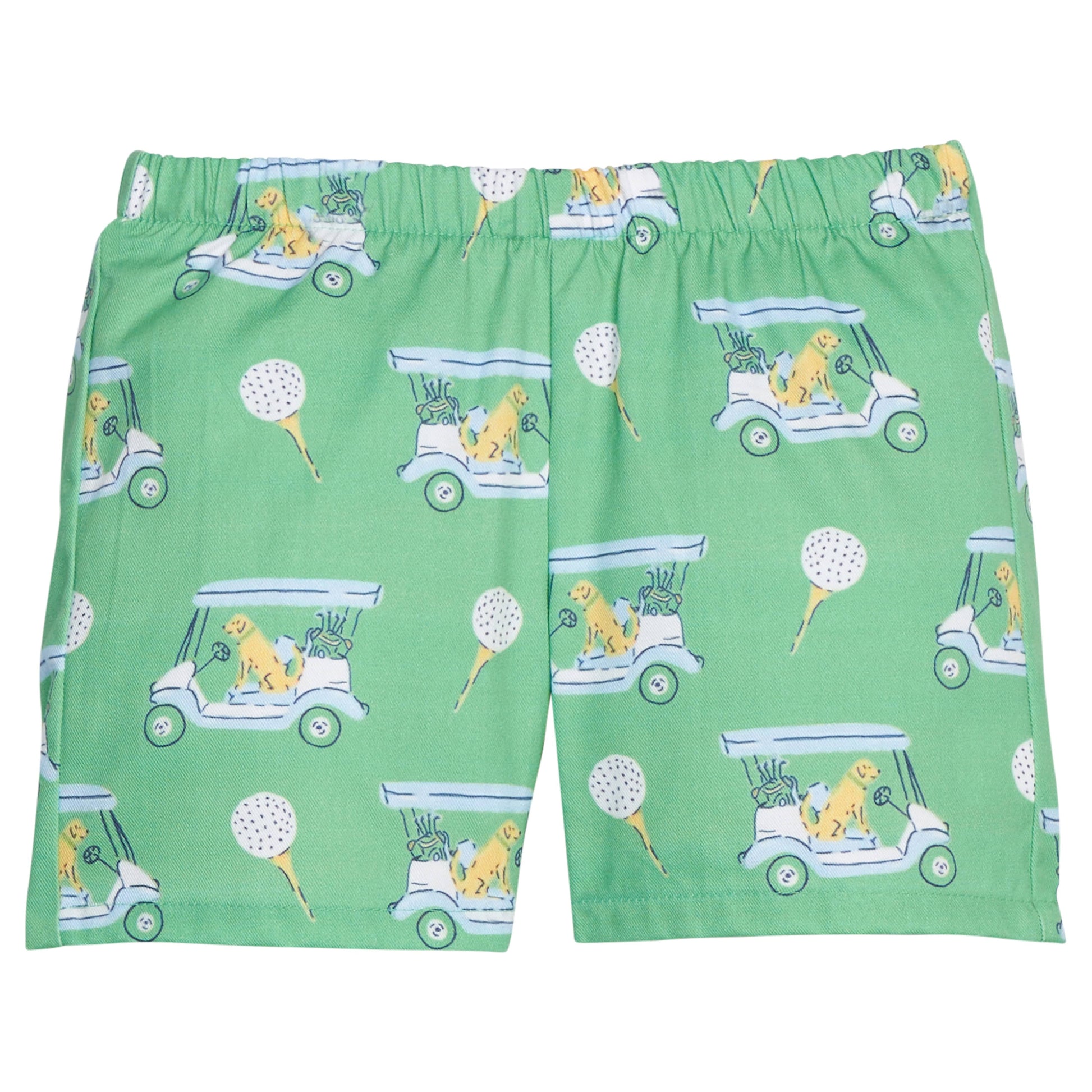 Little English traditional children's clothing.  Boy's green twill shorts with golf cart print