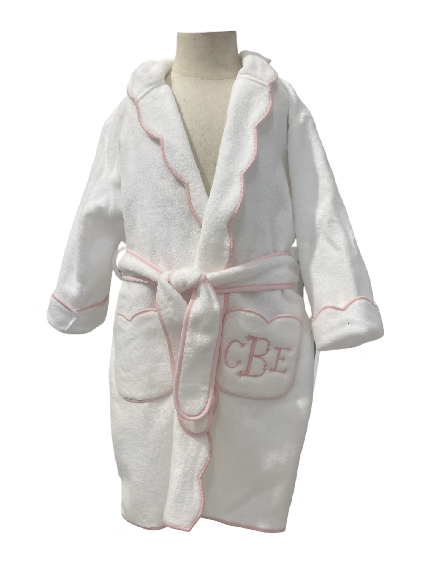 Bath Robe, White with Pink Scallop