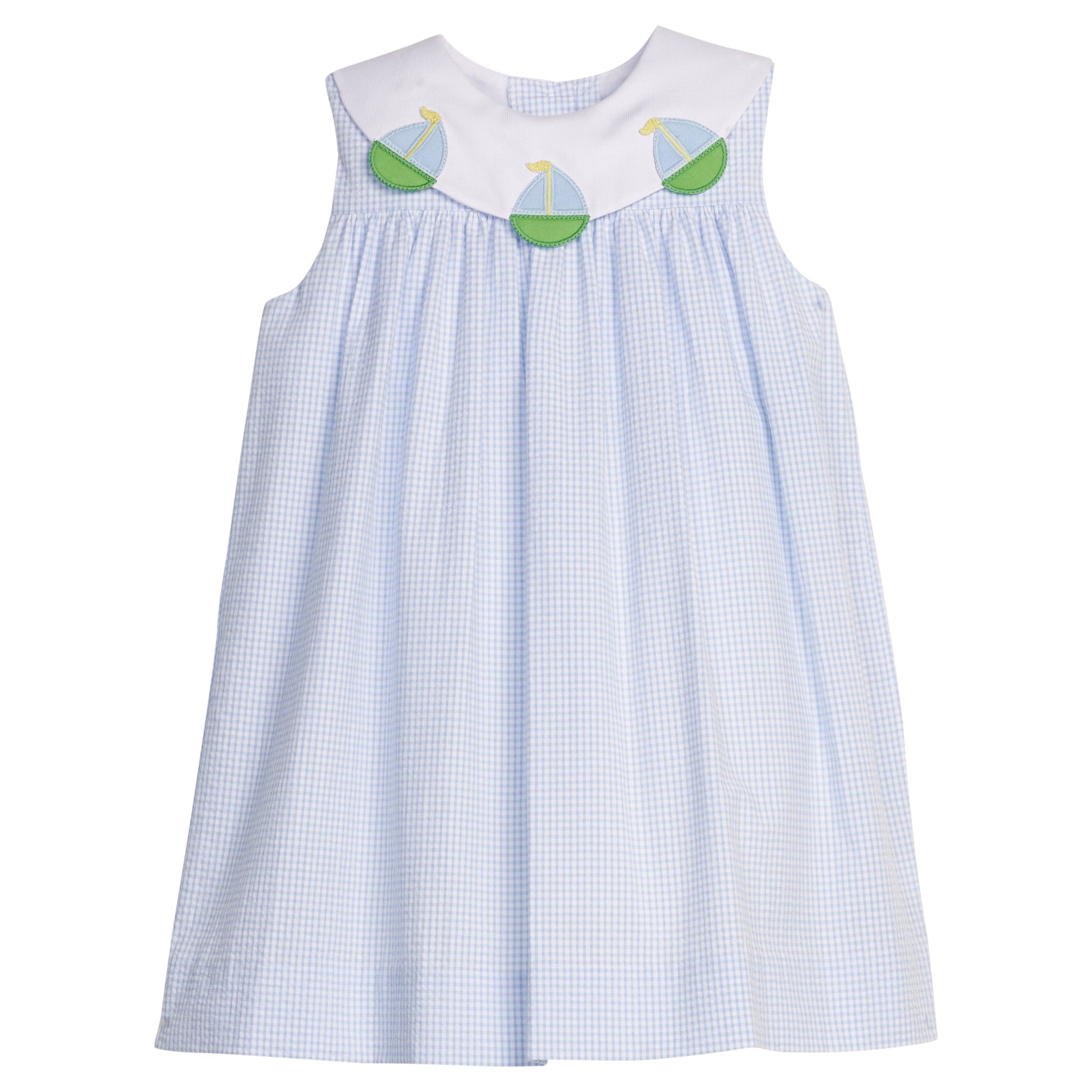 Little English traditional children's clothing.  Light blue seersucker gingham dress with white bib collar and applique sailboats for little girls.