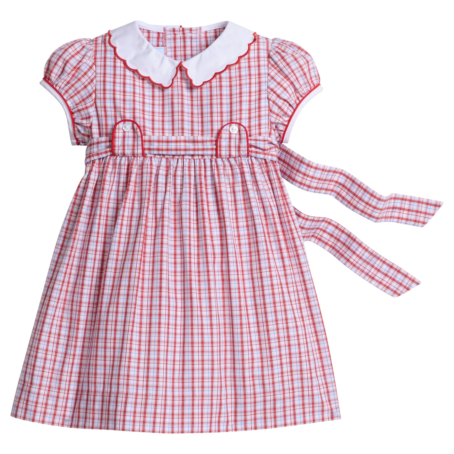 Little English classic dress for little girls. Red, white, & light blue plaid dress with scalloped collar, button tabs, and tie waist. Back to school outfit.