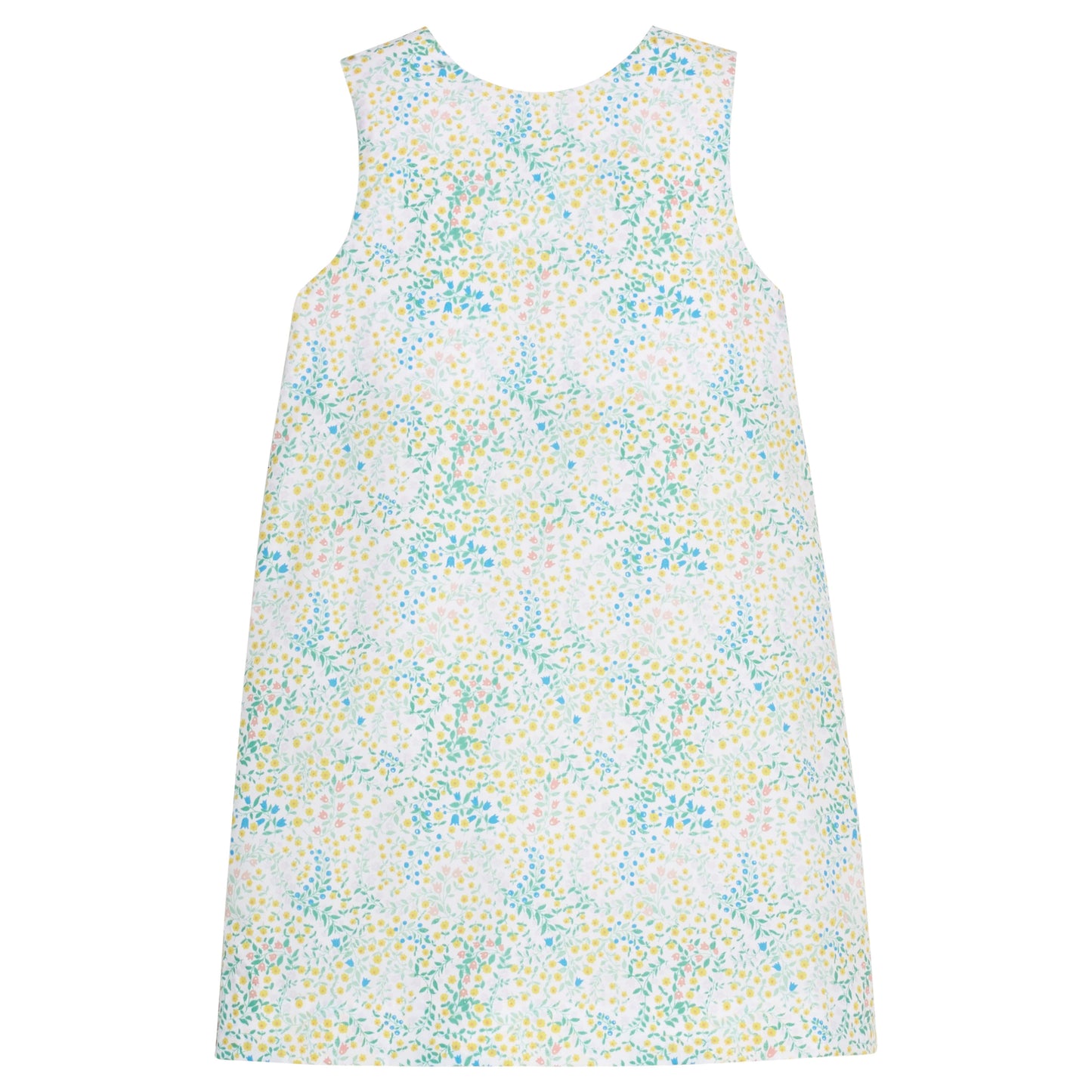 Little English traditional children's clothing.  Aqua, green, and yellow floral sleeveless dress for girls