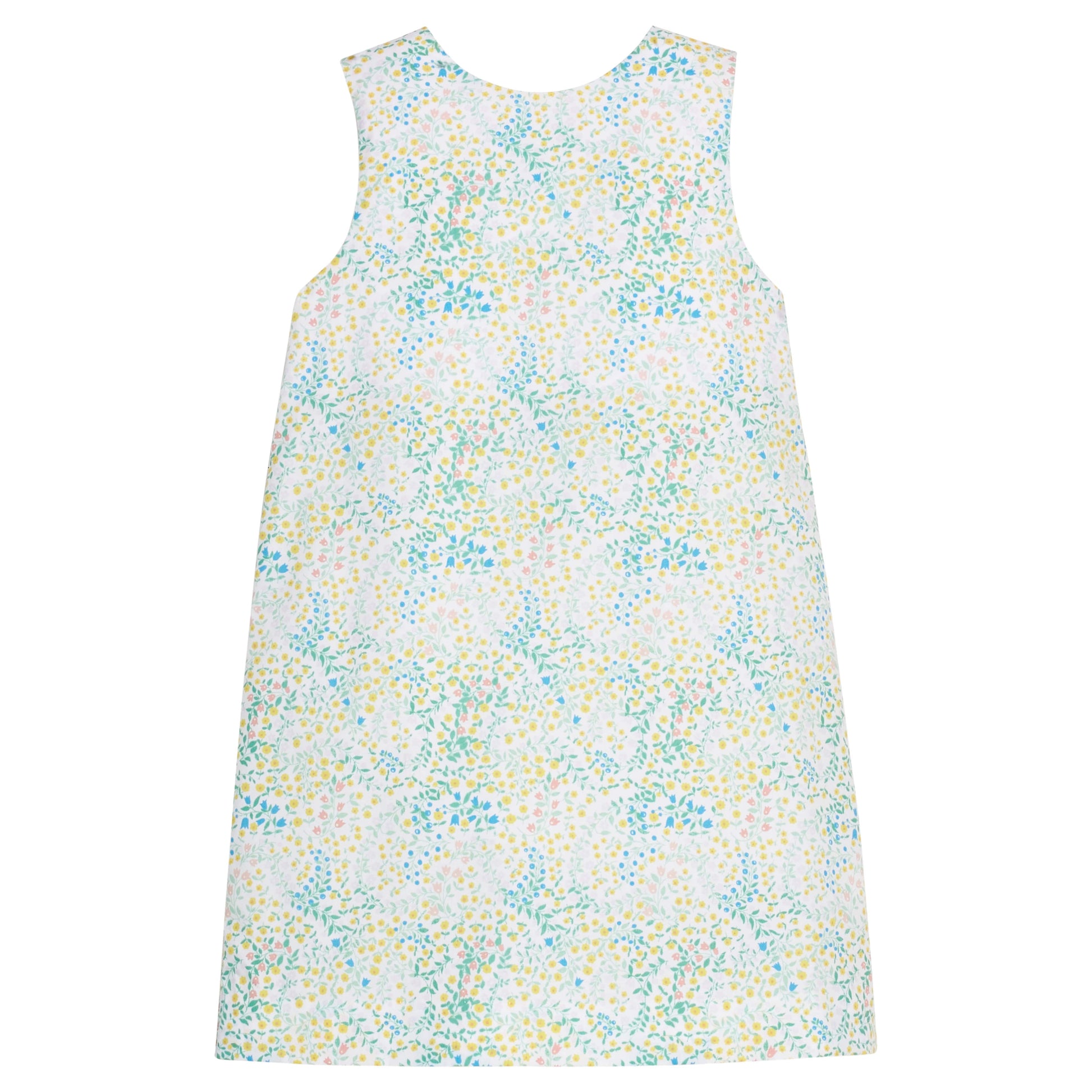 Little English traditional children's clothing.  Aqua, green, and yellow floral sleeveless dress for girls