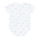 Baby romper with blue floral pattern on a white background