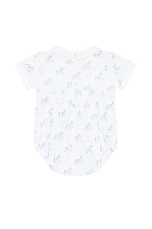 Baby romper with blue floral pattern on a white background
